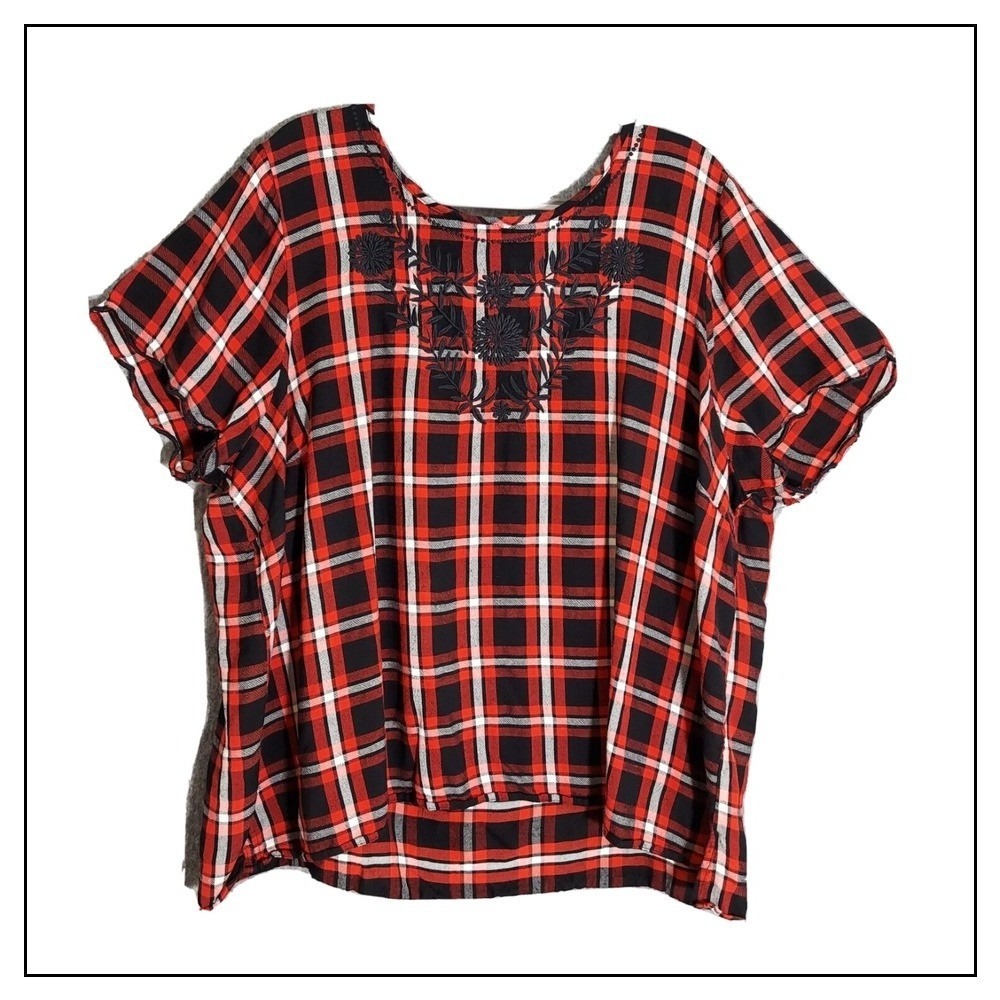 Lane Bryant Blouse 22 Buffalo Plaid‎ Flannel Red Embroidered Cottage Rockabilly
